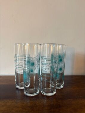 VINTAGE IKEA -Set of 4 Mid-Century Style Tall Glasses with Teal Starburst Design